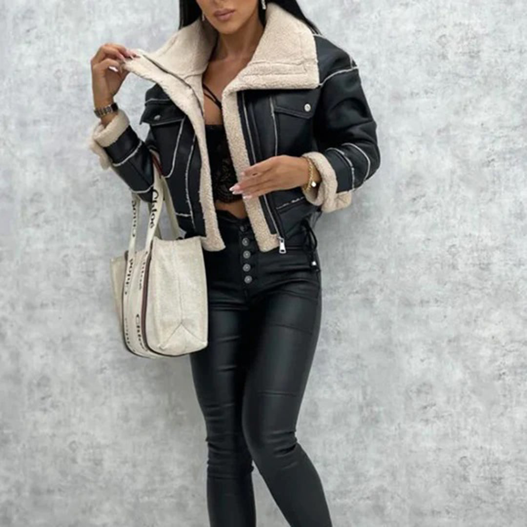 Stylische kurze Damen Winterjacke aus Leder mit Shearling-Futter