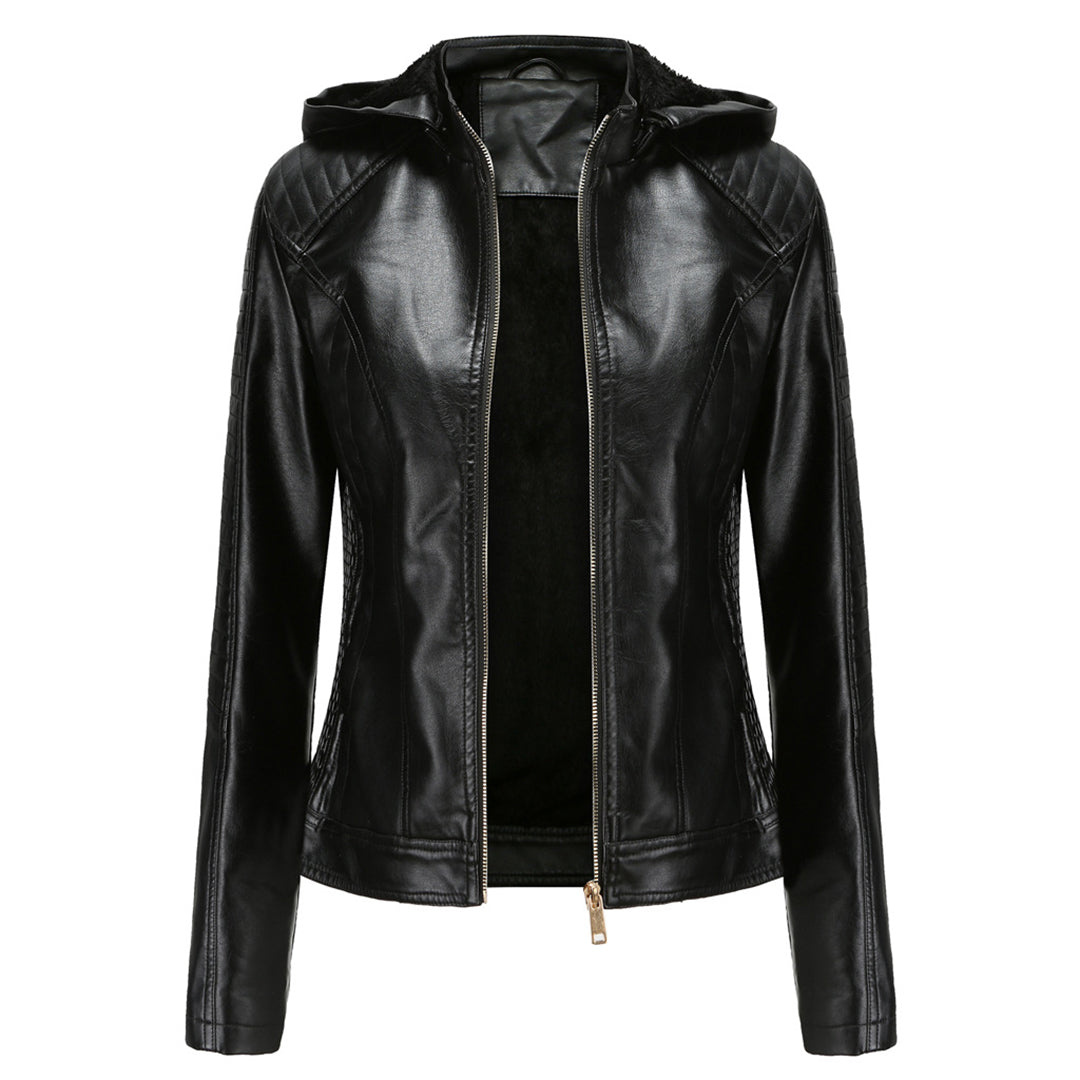 Frühlings Damen Lederjacke mit Kapuze – Figurbetonte, leichte Freizeitjacke