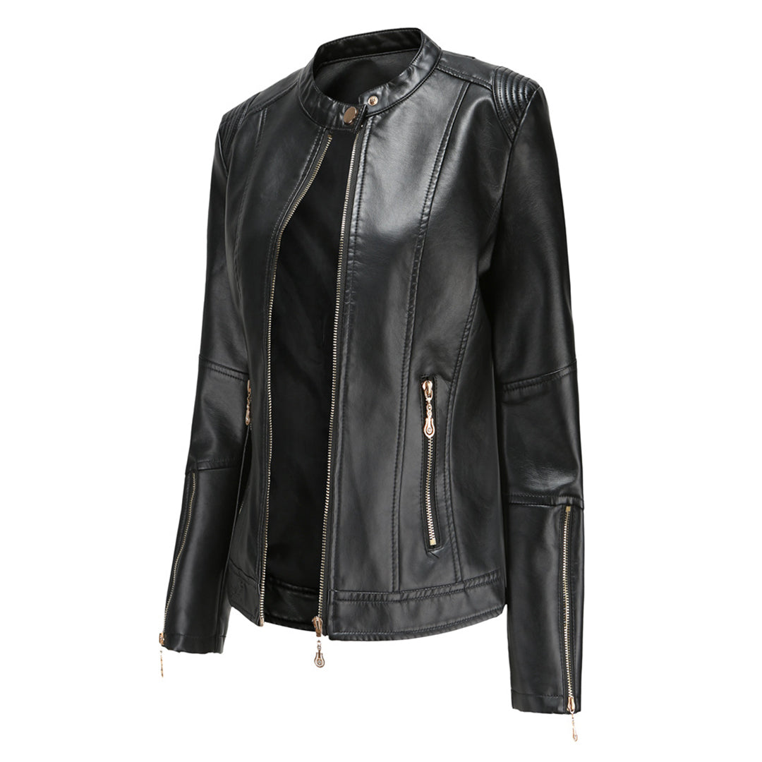 Leichte taillierte Damen Lederjacke für den Frühling – Casual Bikerjacke mit Reißverschluss