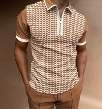 Men's Short Sleeve Fitted Polo Shirt with Zip Placket and Vintage Stripe Design
