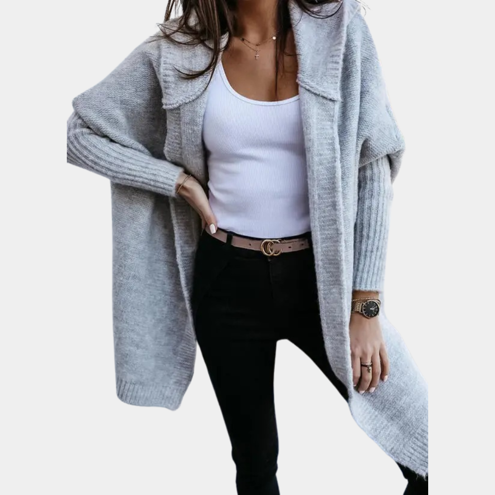 Langärmliger Damen Strickcardigan mit Kapuze aus Wolle – ideal für Frühling und kühle Tage