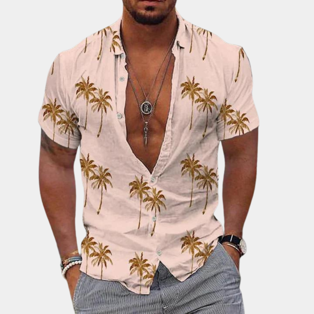 Męska koszulka z guzikami - dopasowany krój - Krótkie Rękawy - nadruk Palmier Tropical w stylu kontrastowym