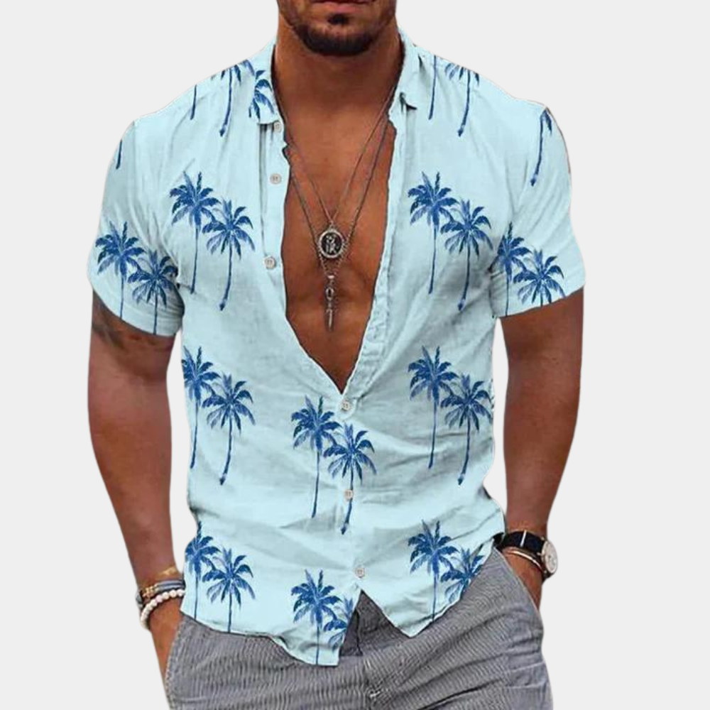 Męska koszulka z guzikami - dopasowany krój - Krótkie Rękawy - nadruk Palmier Tropical w stylu kontrastowym