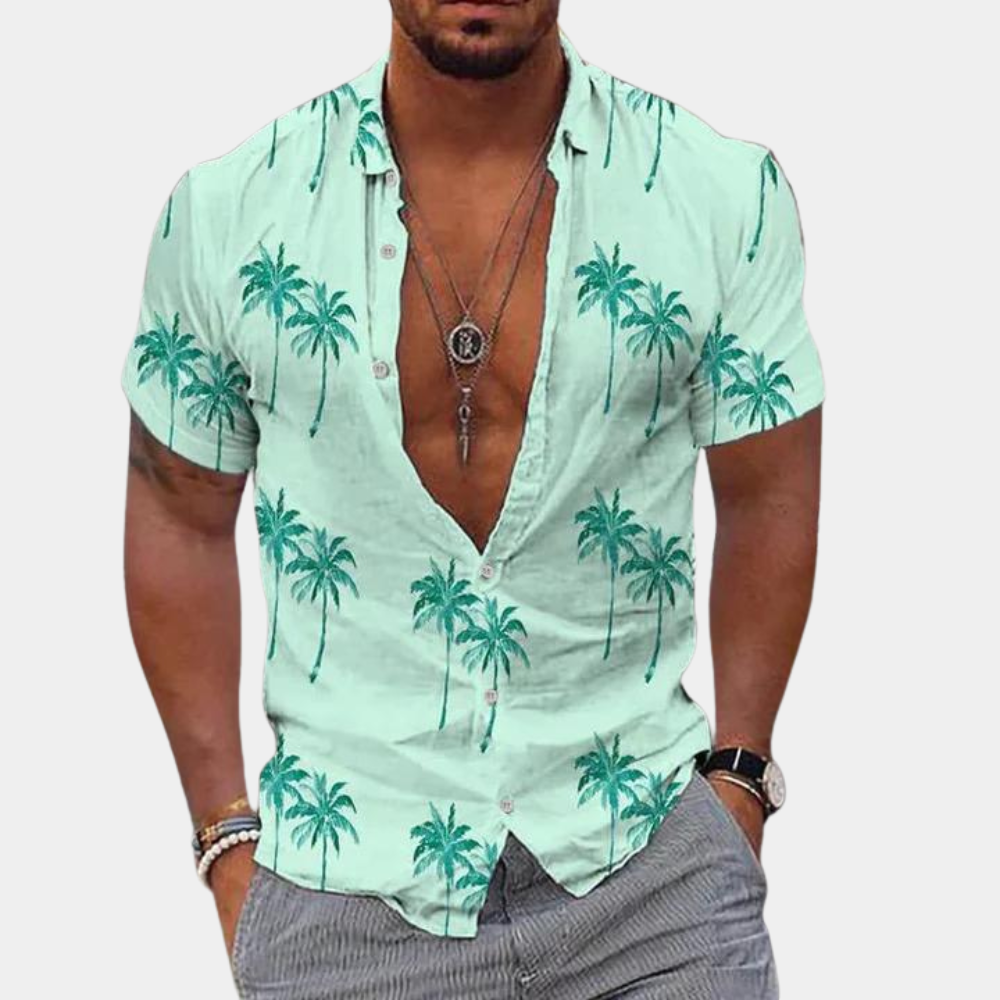 Herren Slim Fit Kurzarmhemd mit Knöpfen - Tropischer Palmendruck im Kontrastdesign