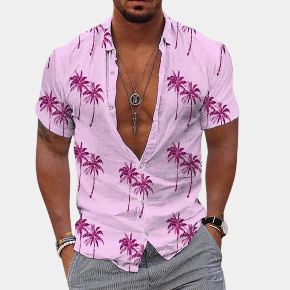 Męska koszulka z guzikami - dopasowany krój - Krótkie Rękawy - nadruk Palmier Tropical w stylu kontrastowym