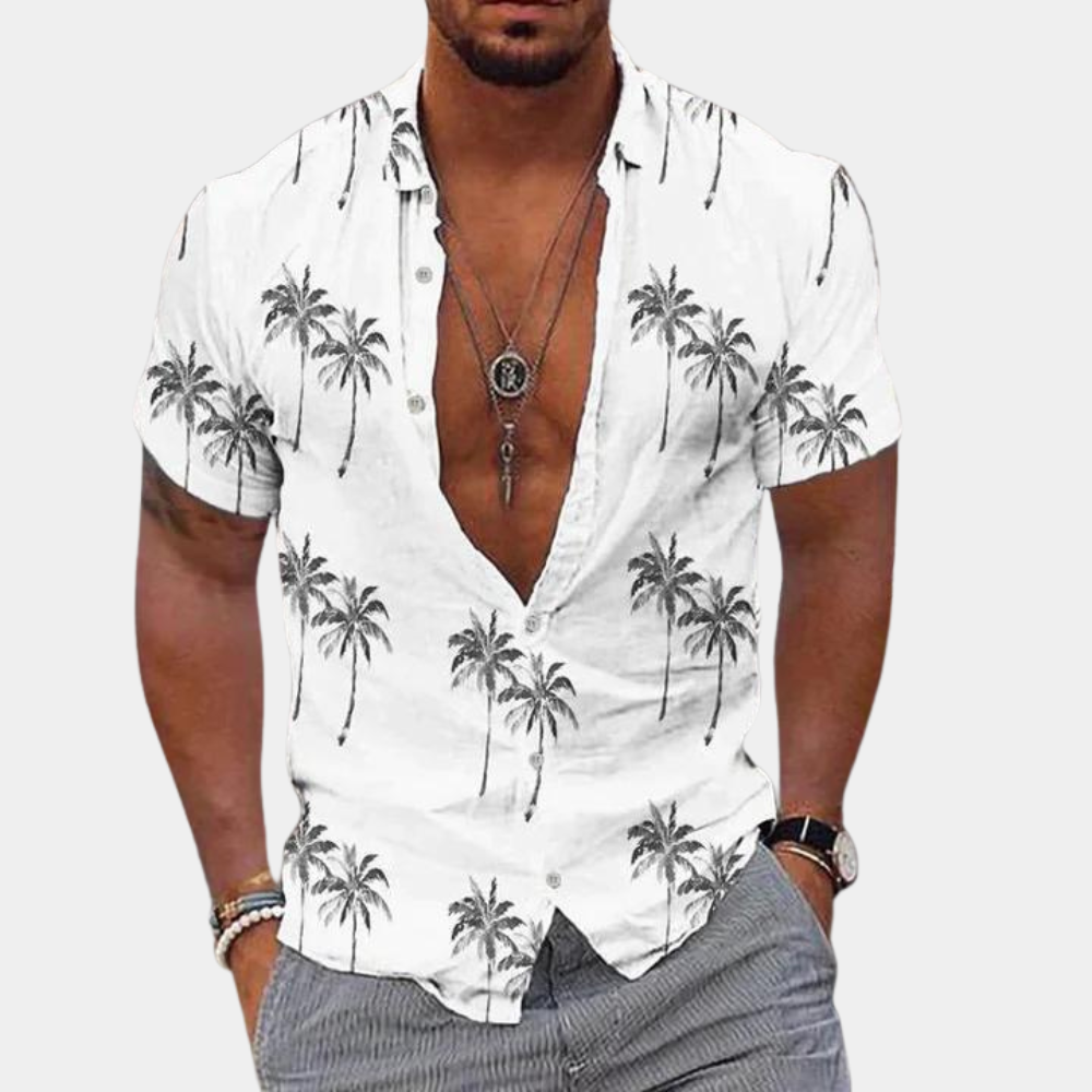 Herren Slim Fit Kurzarmhemd mit Knöpfen - Tropischer Palmendruck im Kontrastdesign