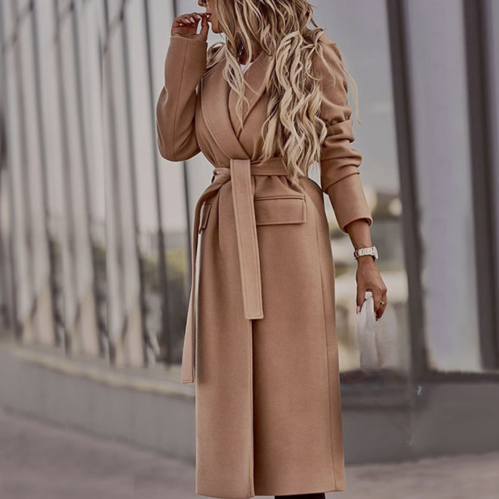 Eleganter Damen-Trenchcoat aus Wolle mit Gürtel – Langer klassischer Mantel für den Frühling
