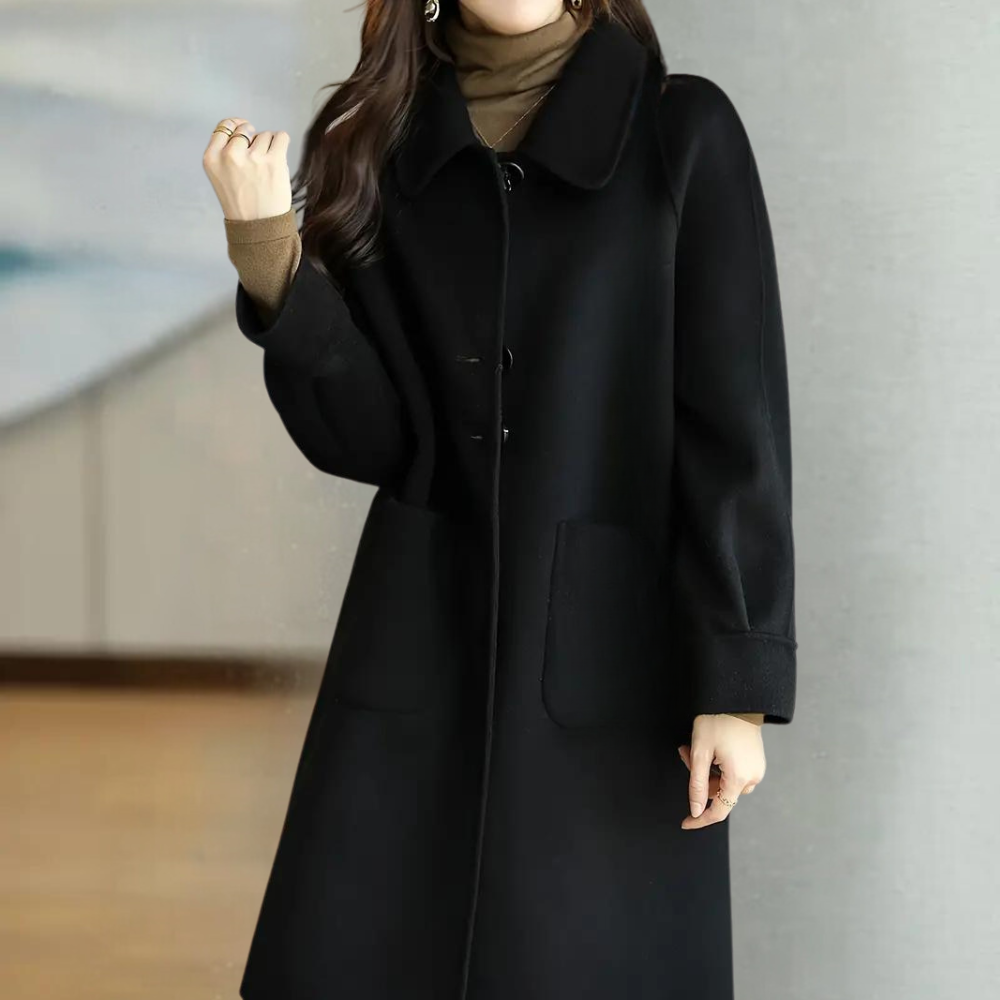 Eleganter langer Wollmantel für Damen – ideal für den Frühling im Übergangsstil