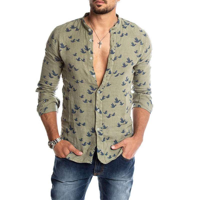 Herren Langarmshirt mit Vogel-Design, Mandarin-Kragen und lässigem, atmungsaktivem Schnitt