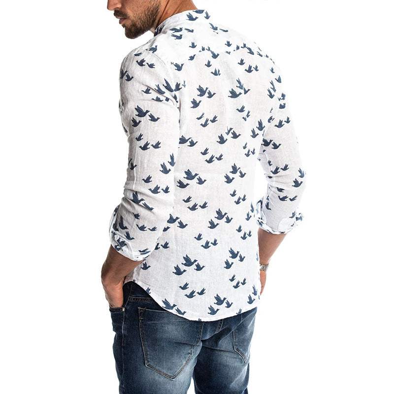 Men's Casual Long Sleeve Shirt with Bird Print and Mandarin Collar - Breathable Fit