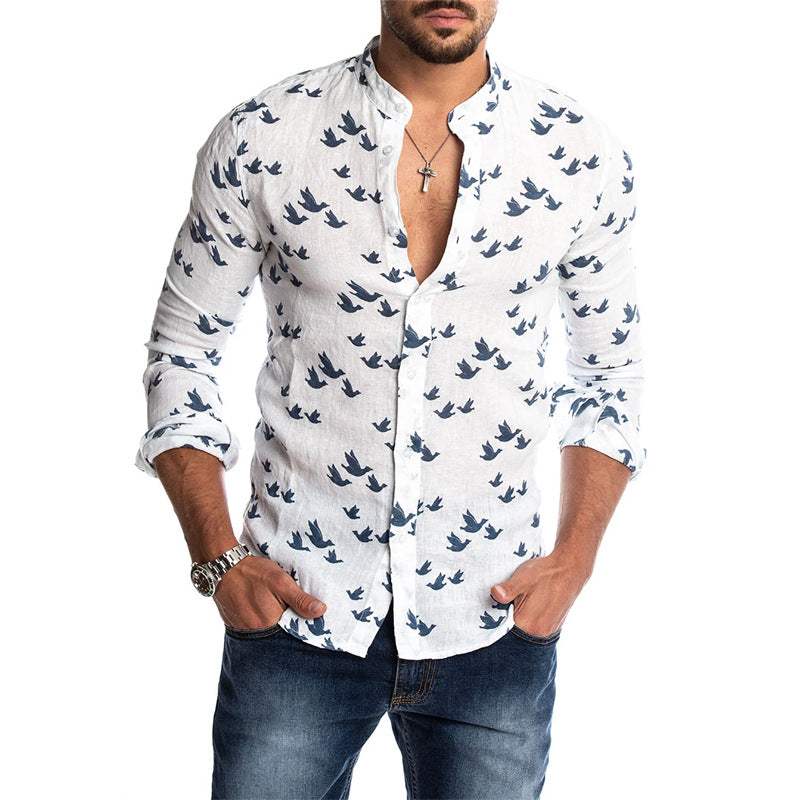 Men's Casual Long Sleeve Shirt with Bird Print and Mandarin Collar - Breathable Fit