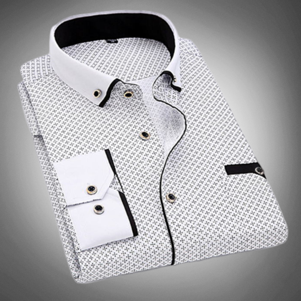 Classic Polka Dot Men's Shirt with Long Sleeves, Elegant Collar, and Piped Breast Detail