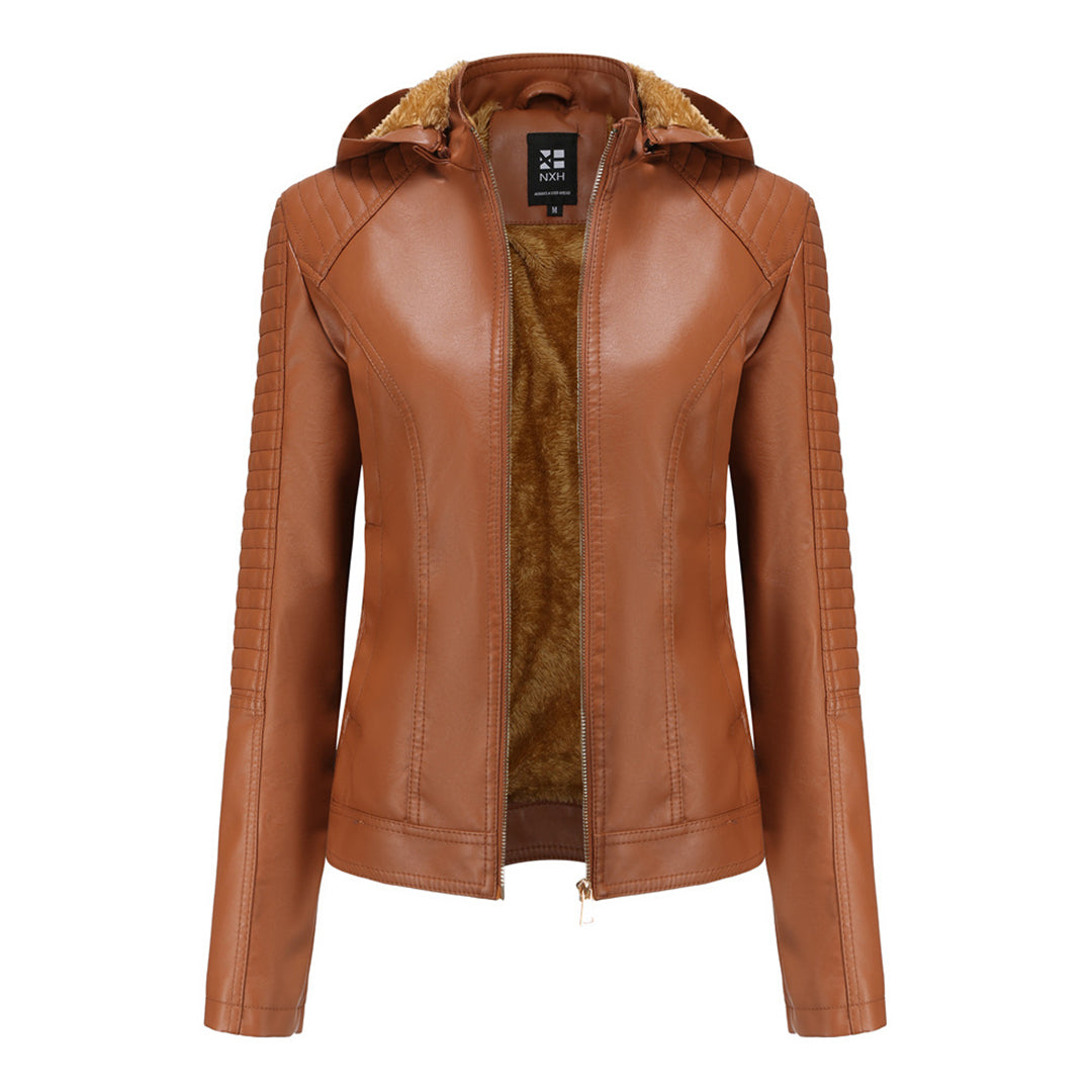 Frühlings Damen Lederjacke mit Kapuze – Figurbetonte, leichte Freizeitjacke