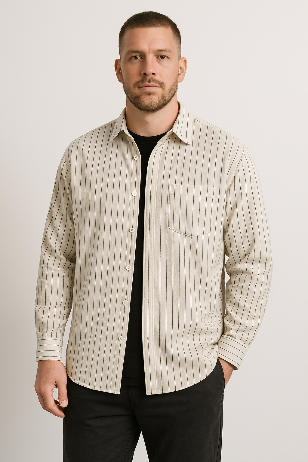 Camisa de manga larga para hombre - Corte holgado - Transpirable - Estampado a rayas para un look casual y cómodo