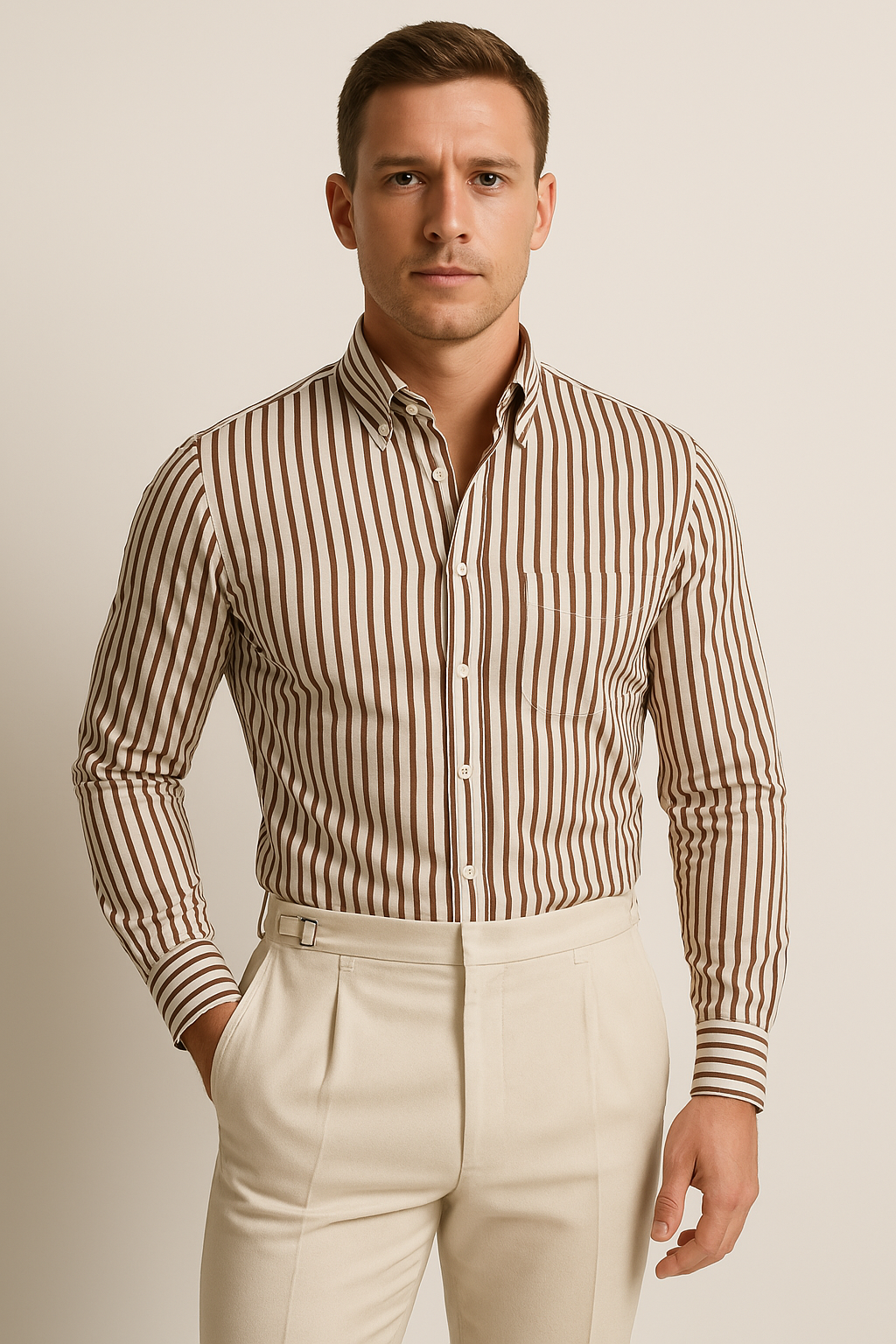 Camisa de Hombre de Manga Larga - Ajuste Personalizado - Mezcla de Algodón - Con Botones - Rayas Formales