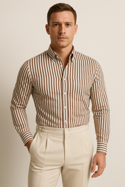 Camisa de Hombre de Manga Larga - Ajuste Personalizado - Mezcla de Algodón - Con Botones - Rayas Formales