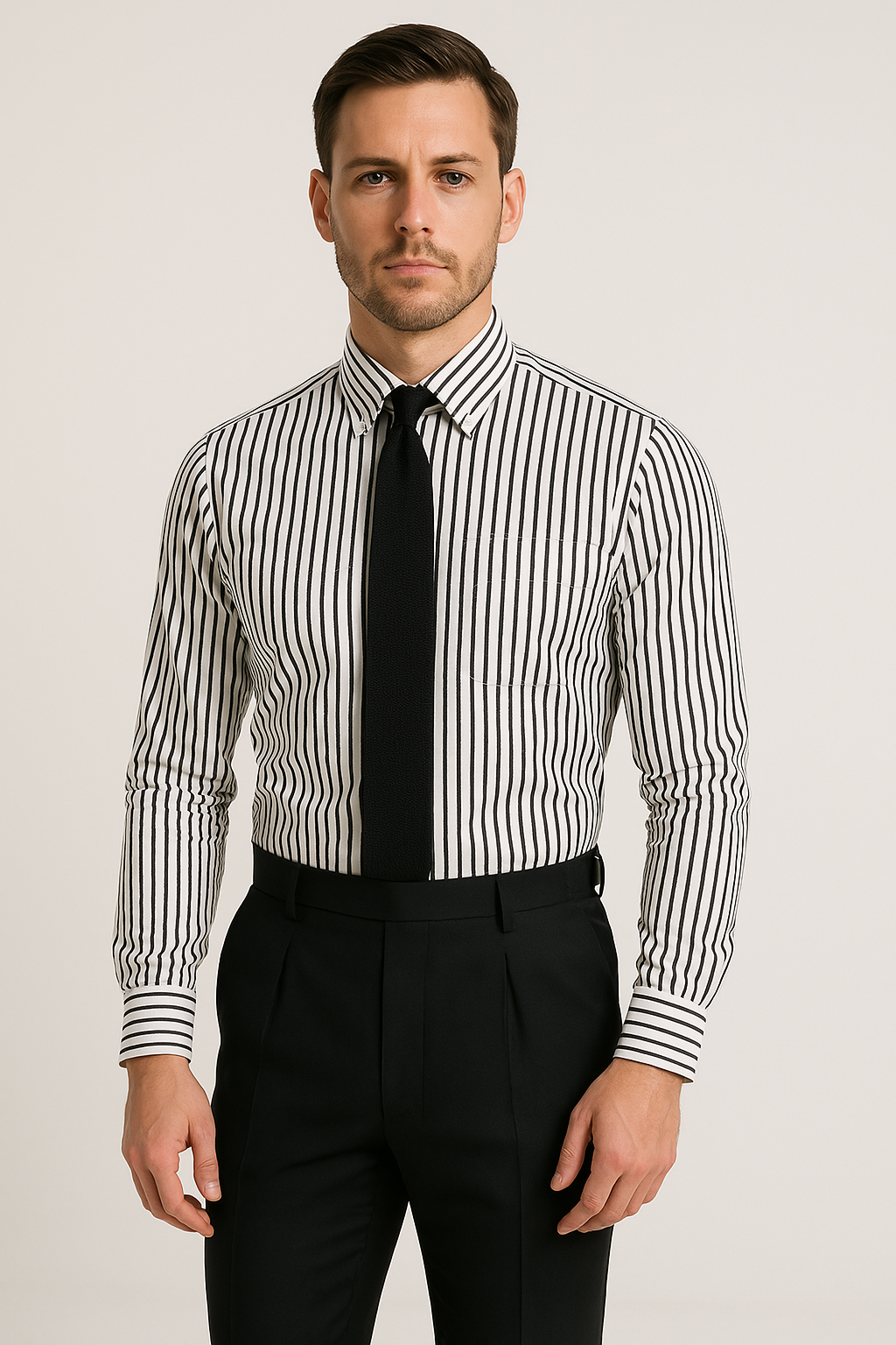 Camisa de Hombre de Manga Larga - Ajuste Personalizado - Mezcla de Algodón - Con Botones - Rayas Formales