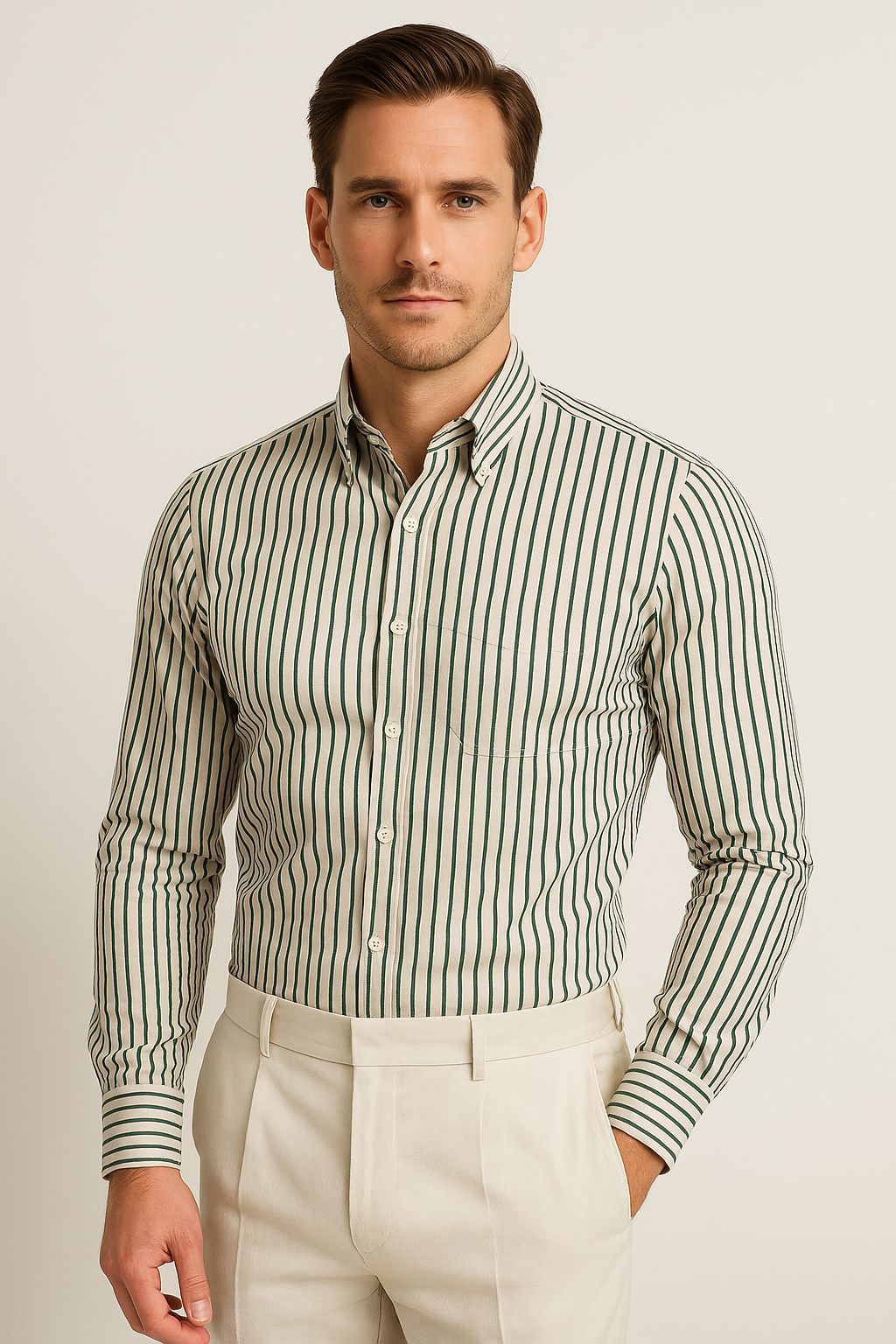 Camisa de Hombre de Manga Larga - Ajuste Personalizado - Mezcla de Algodón - Con Botones - Rayas Formales
