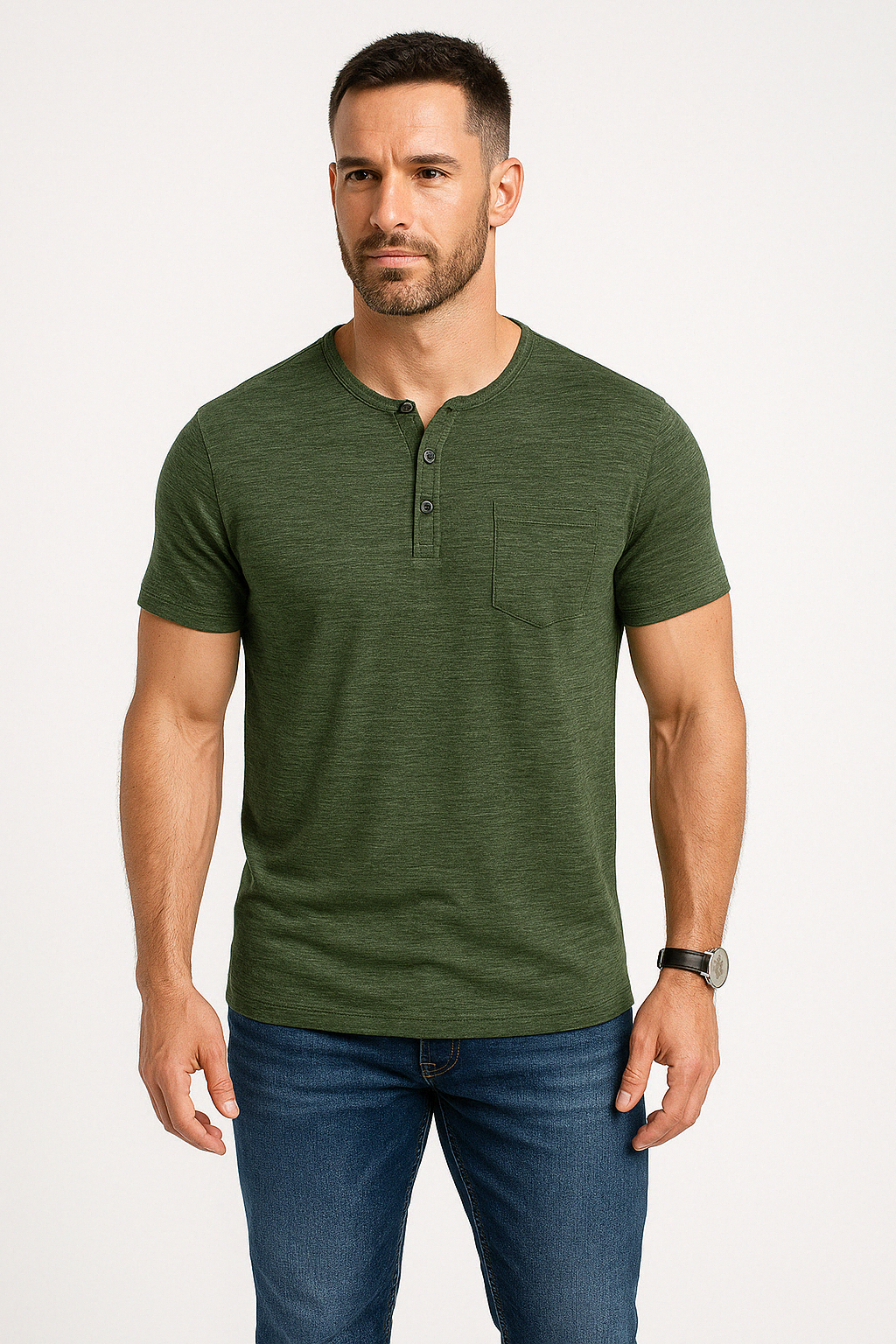 Męska koszulka Henley Slim Fit z kieszonką na piersi - miękka bawełniana mieszanka, krótki rękaw