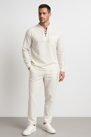 Męska koszula Henley w stylu casual - bawełnowo-lniana mieszanka z eleganckim sznurowaniem na piersi - komfortowy, luźny krój i elastyczny kołnierzyk