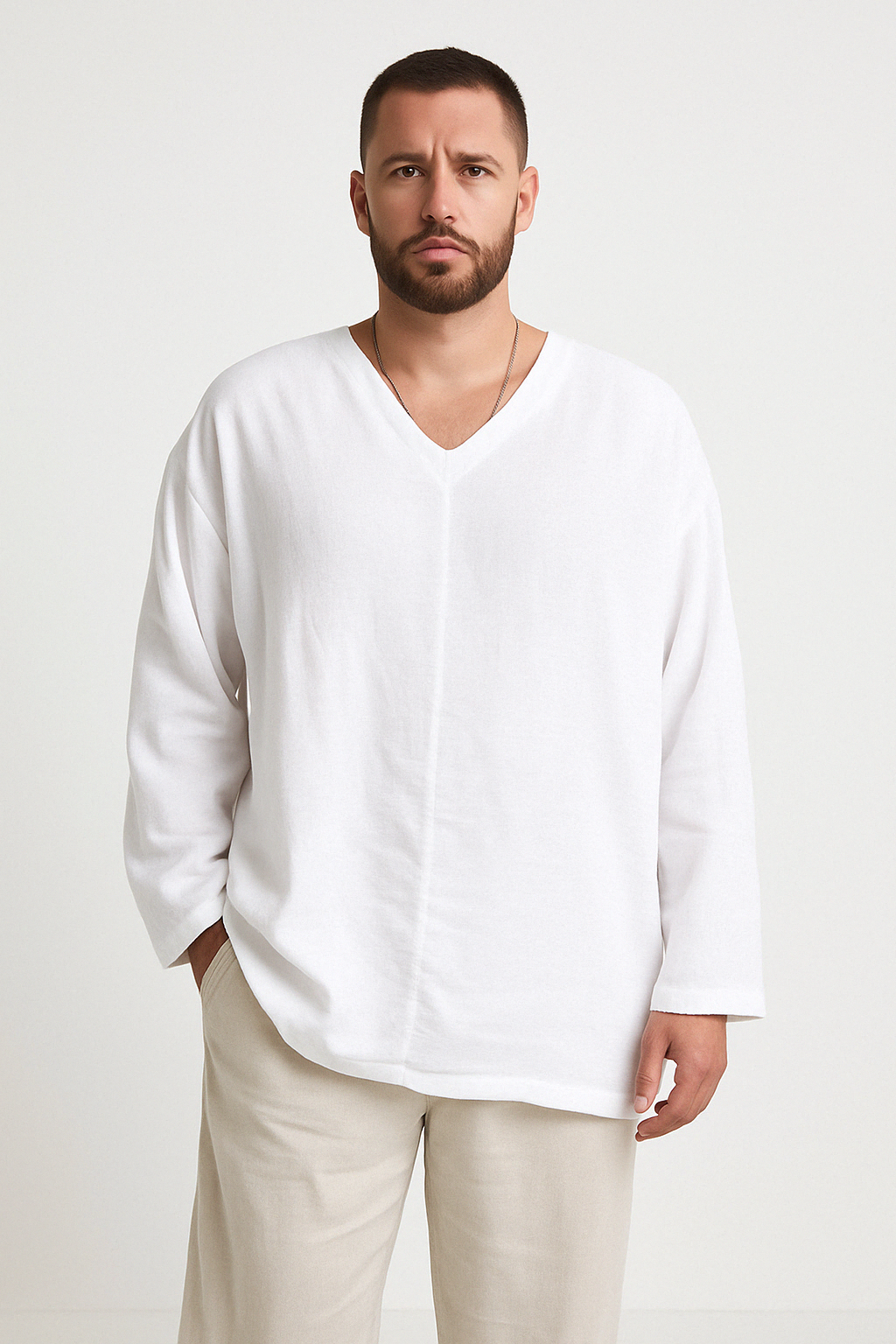 Men's V-Neck Linen Shirt - Comfortable Long Sleeve Casual Wear - Breathable Fit