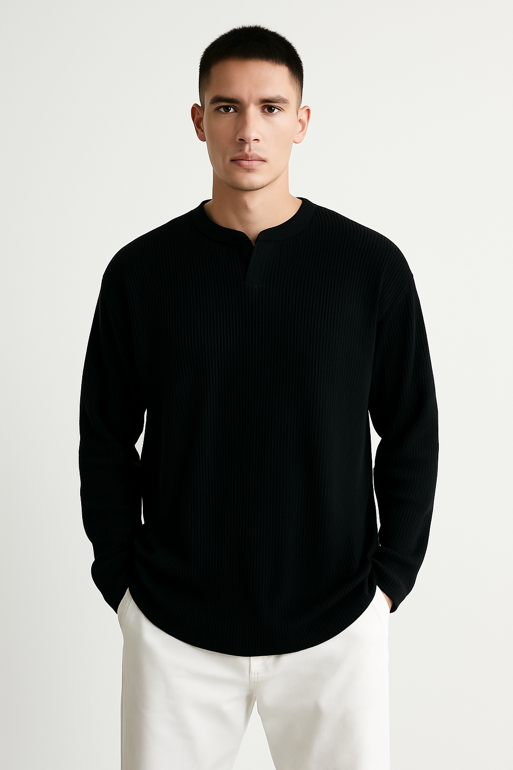Men's Relaxed Fit Ribbed V-Neck Long Sleeve T-Shirt - Comfortable Base Layer