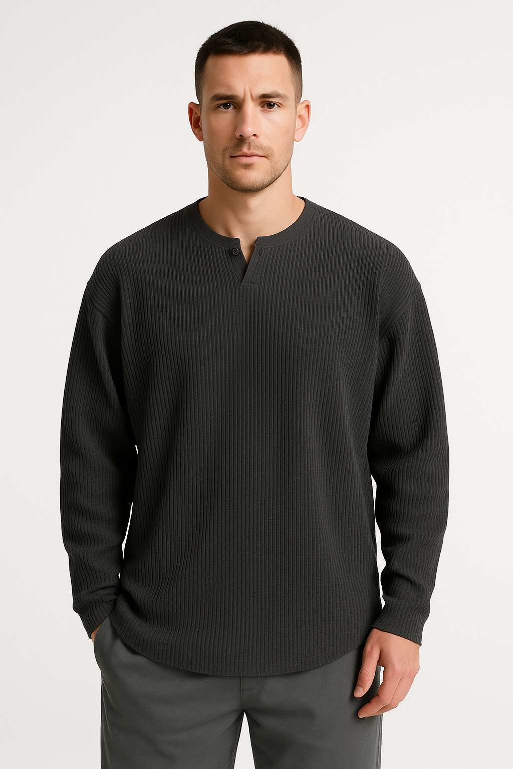 Men's Relaxed Fit Ribbed V-Neck Long Sleeve T-Shirt - Comfortable Base Layer