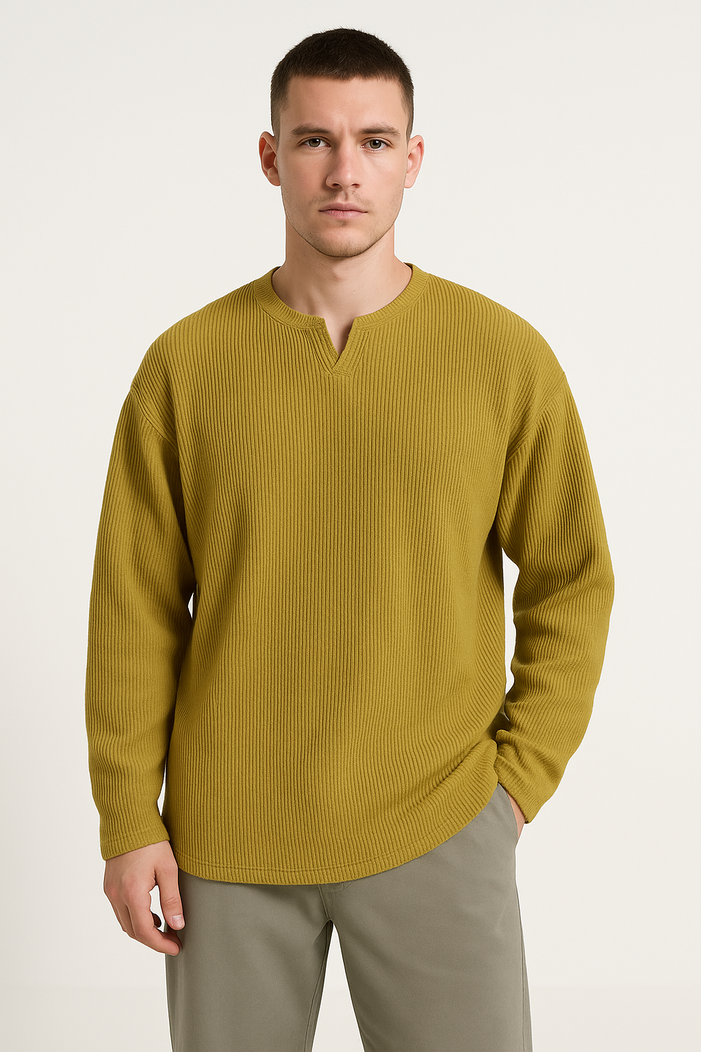 Men's Relaxed Fit Ribbed V-Neck Long Sleeve T-Shirt - Comfortable Base Layer