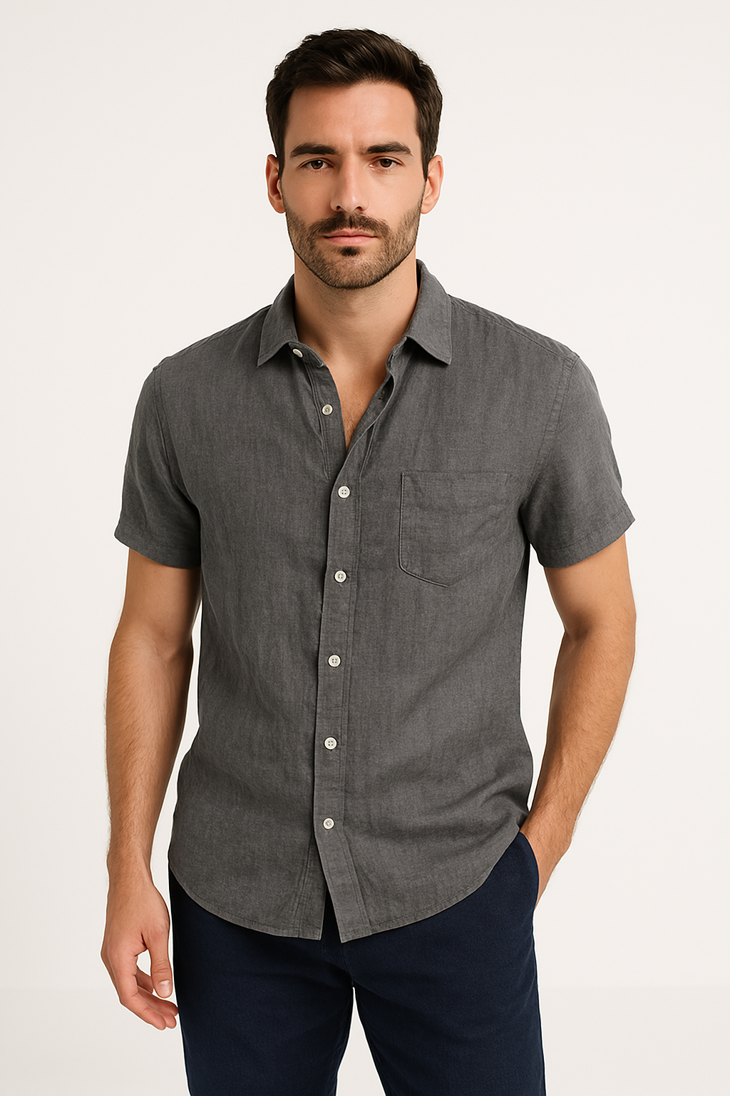 Camisa Casual de Hombre - Corte Relajado - Manga Corta - Cuello con Botón