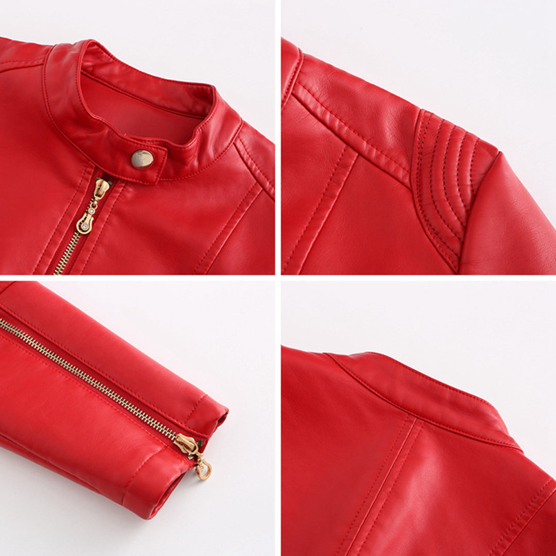 Leichte taillierte Damen Lederjacke für den Frühling – Casual Bikerjacke mit Reißverschluss
