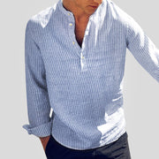 Modisches Herren Henley-Shirt aus Baumwoll-Leinen-Mix – Bequemer, lässiger Schnitt mit Stehkragen und langen Ärmeln im Streifen-Design