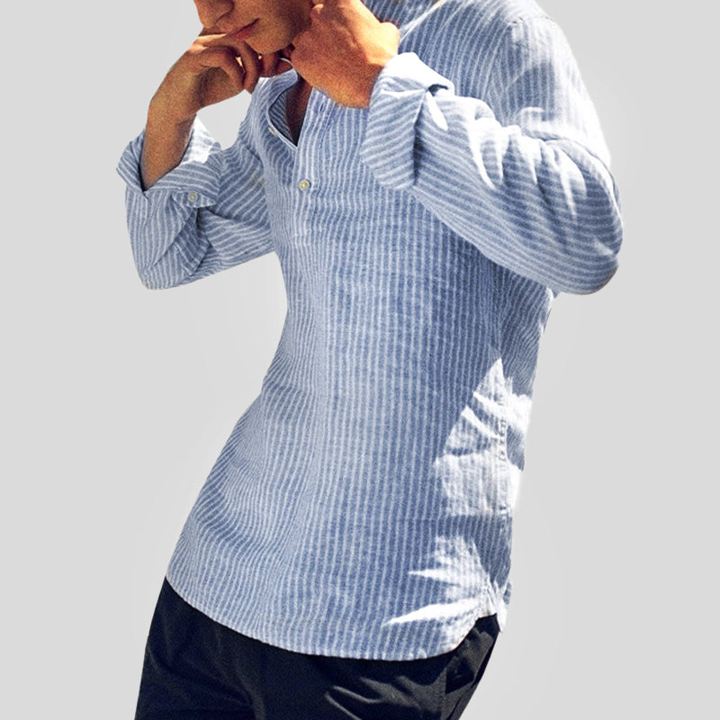 Modisches Herren Henley-Shirt aus Baumwoll-Leinen-Mix – Bequemer, lässiger Schnitt mit Stehkragen und langen Ärmeln im Streifen-Design