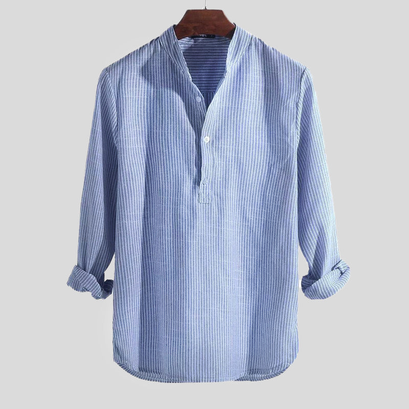 Modisches Herren Henley-Shirt aus Baumwoll-Leinen-Mix – Bequemer, lässiger Schnitt mit Stehkragen und langen Ärmeln im Streifen-Design