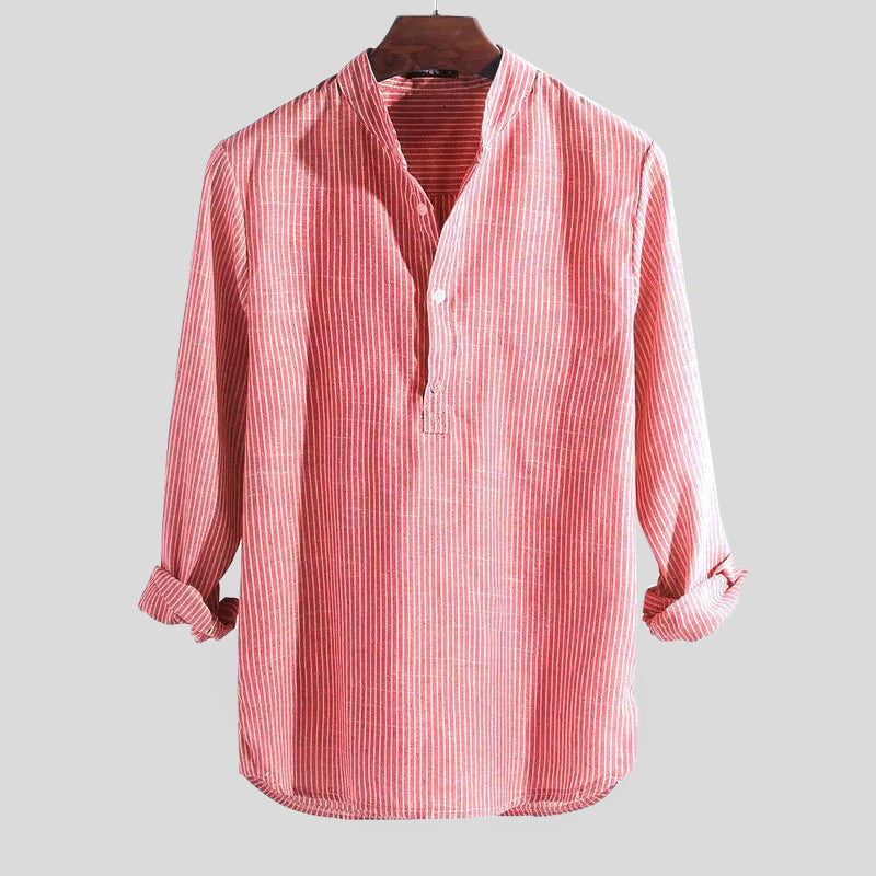 Men's Casual Long Sleeve Striped Henley Shirt - Comfortable Cotton-Linen Blend with Collar