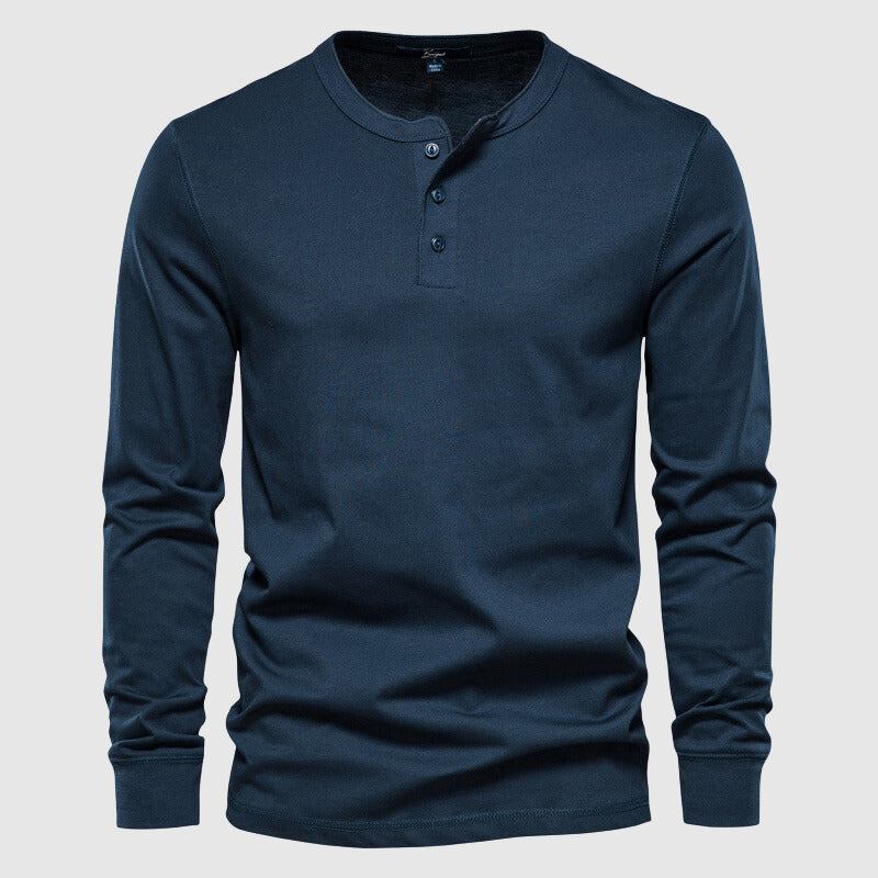 Herren Langarm-Henley-Shirt mit drei Knöpfen aus atmungsaktivem Baumwoll-Melange