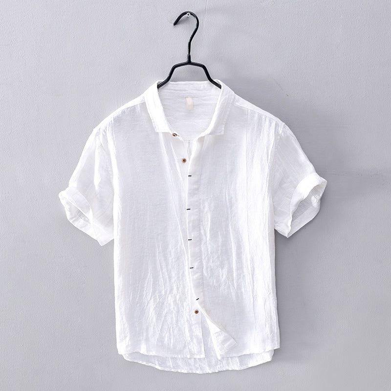 Men's Short Sleeve Linen Shirt - Lightweight, Breathable Fabric with Button Detail - Casual Style