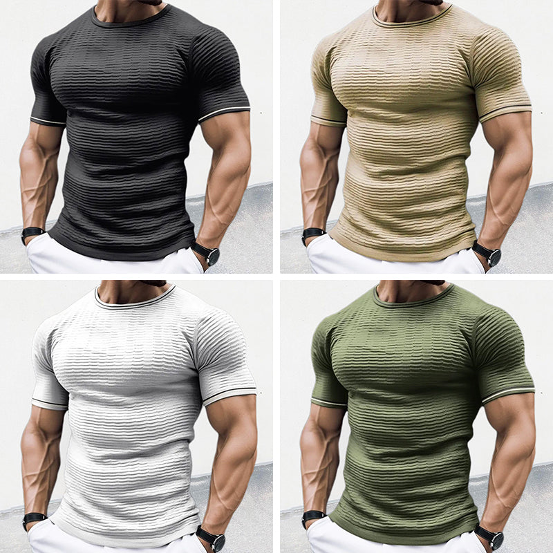 Herren Slim Fit V-Ausschnitt Strickshirt aus elastischem Rippmaterial - lässige Passform mit kurzen Ärmeln