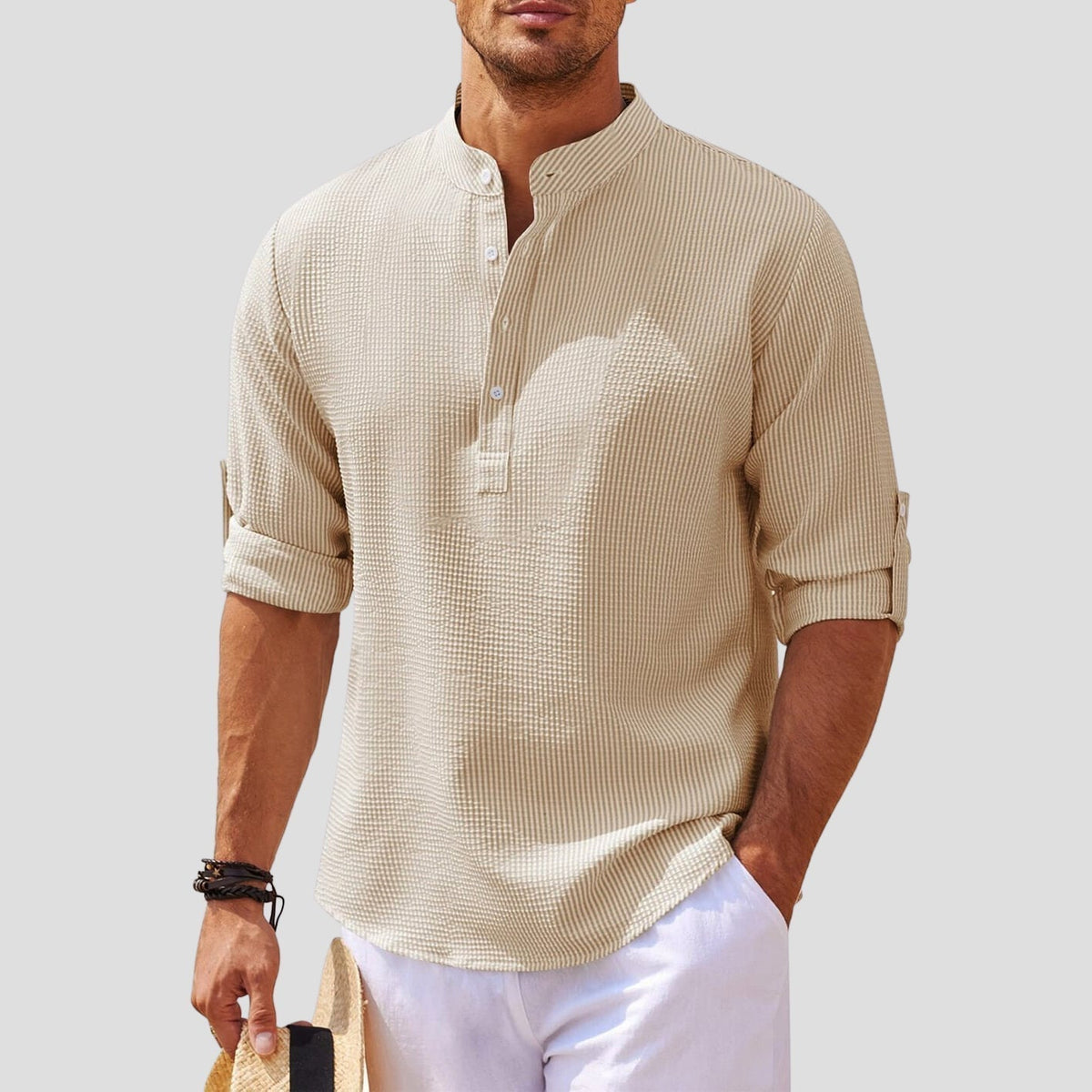 Men's Mandarin Collar Long Sleeve Henley Shirt