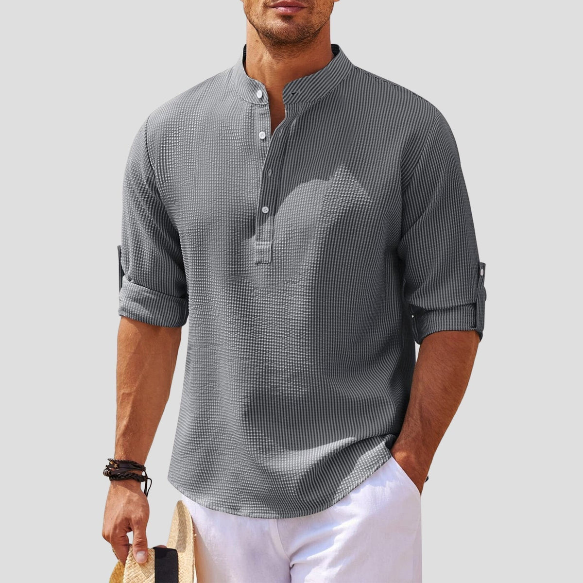 Herren Langarm-Henley-Shirt mit Mandarin-Kragen