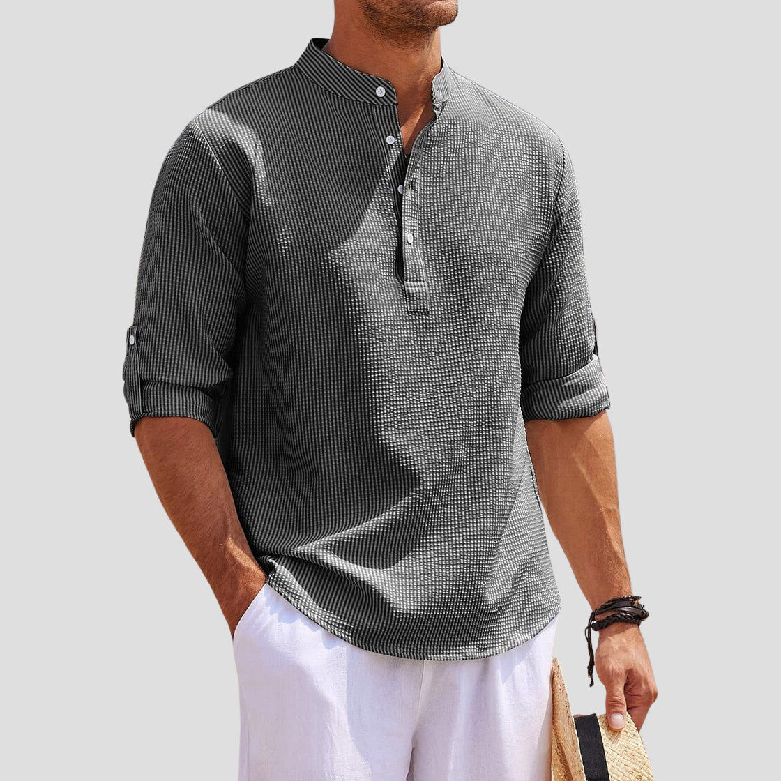 Men's Mandarin Collar Long Sleeve Henley Shirt