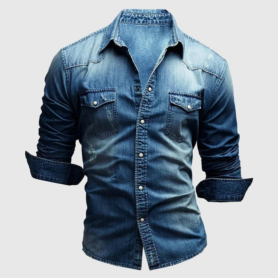 Męska dżinsowa koszula Slim Fit z długim rękawem - klasyczny casualowy styl zachodni z guzikami
