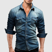 Męska dżinsowa koszula Slim Fit z długim rękawem - klasyczny casualowy styl zachodni z guzikami