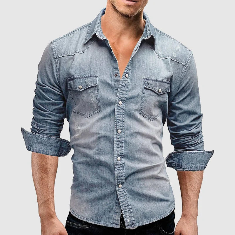 Męska dżinsowa koszula Slim Fit z długim rękawem - klasyczny casualowy styl zachodni z guzikami