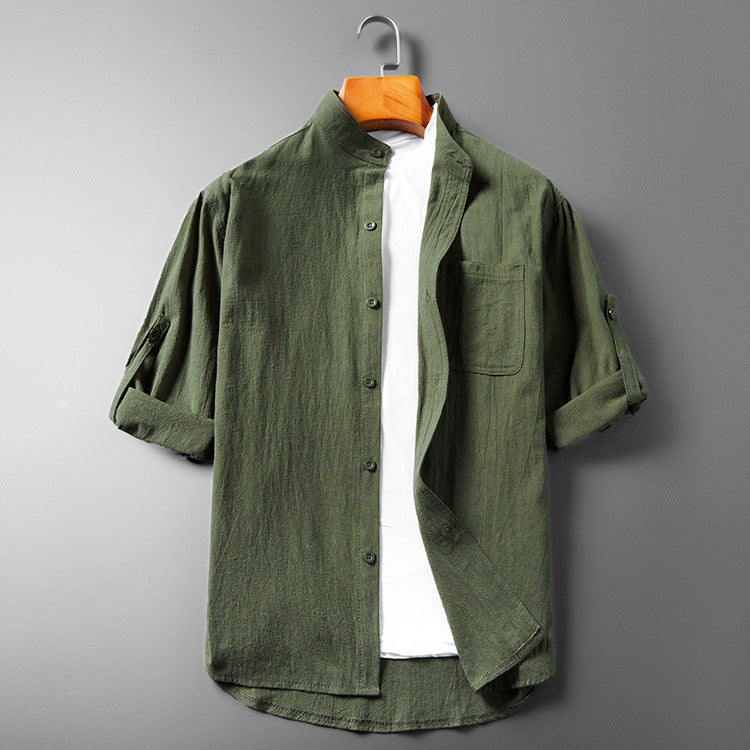 Men's Button-Up Shirt - Band Collar - Long Sleeve with Roll-Up Feature - Breathable Textured Fabric