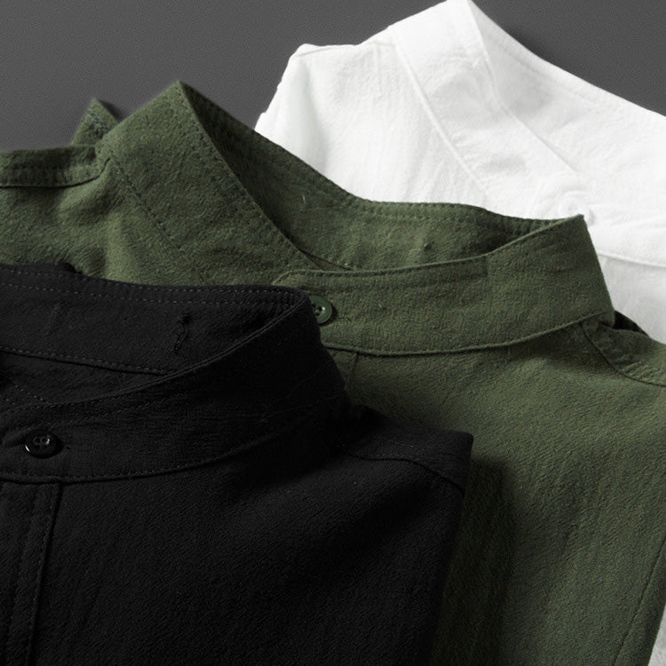 Men's Button-Up Shirt - Band Collar - Long Sleeve with Roll-Up Feature - Breathable Textured Fabric