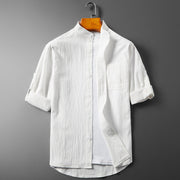 Men's Button-Up Shirt - Band Collar - Long Sleeve with Roll-Up Feature - Breathable Textured Fabric