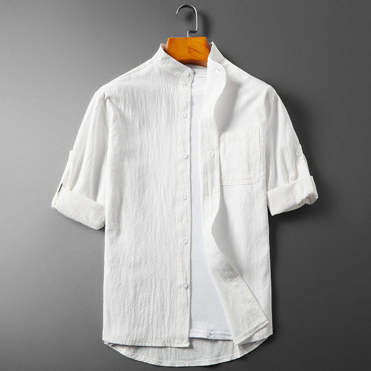 Men's Button-Up Shirt - Band Collar - Long Sleeve with Roll-Up Feature - Breathable Textured Fabric