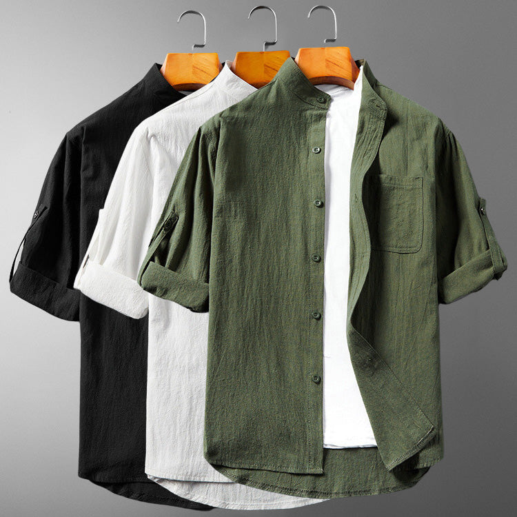 Men's Button-Up Shirt - Band Collar - Long Sleeve with Roll-Up Feature - Breathable Textured Fabric