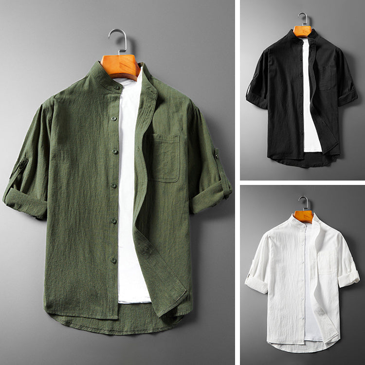 Men's Button-Up Shirt - Band Collar - Long Sleeve with Roll-Up Feature - Breathable Textured Fabric