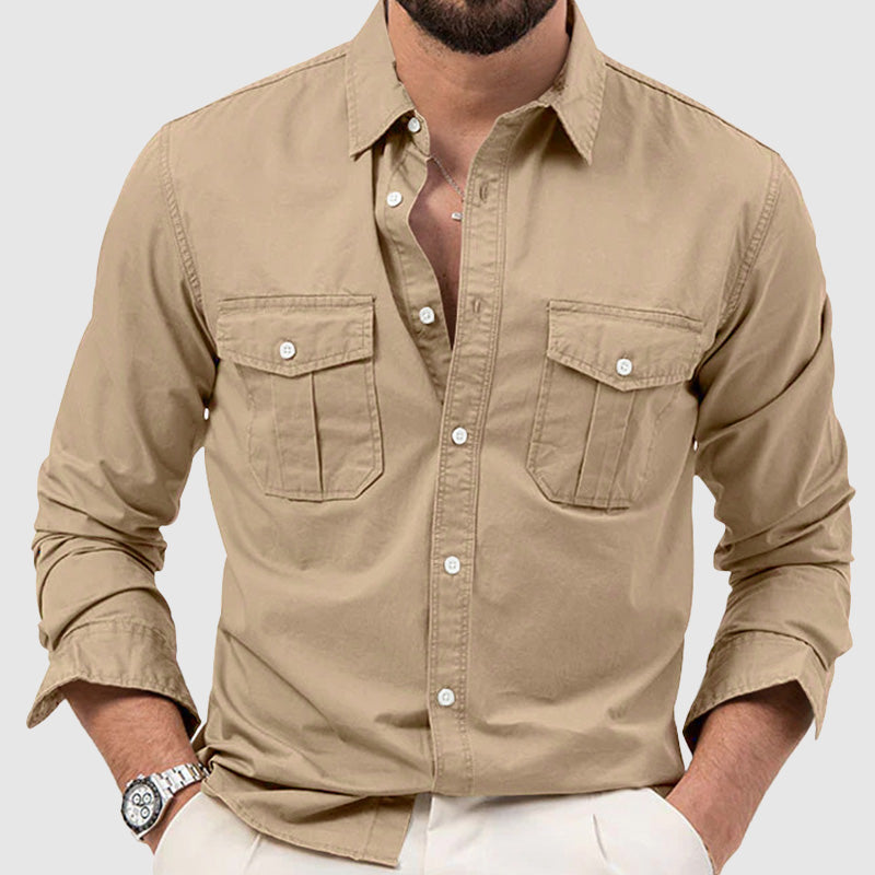 Men's Loose-Fit Long Sleeve Button-Up Shirt with Dual Chest Pockets
